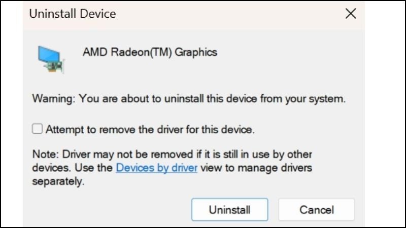Xác nhận gỡ cài đặt driver đồ họa trong Device Manager