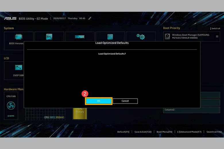 Xác nhận khôi phục cài đặt BIOS mặc định