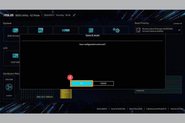 Xác nhận lưu và thoát khỏi cấu hình BIOS