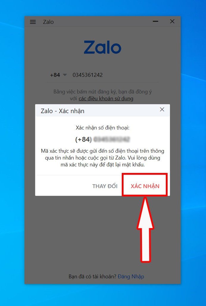 Xác nhận số điện thoại để đăng ký Zalo PC