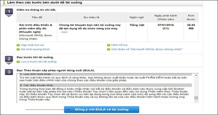 Xác nhận tải về gói cài đặt driver cho máy in Brother