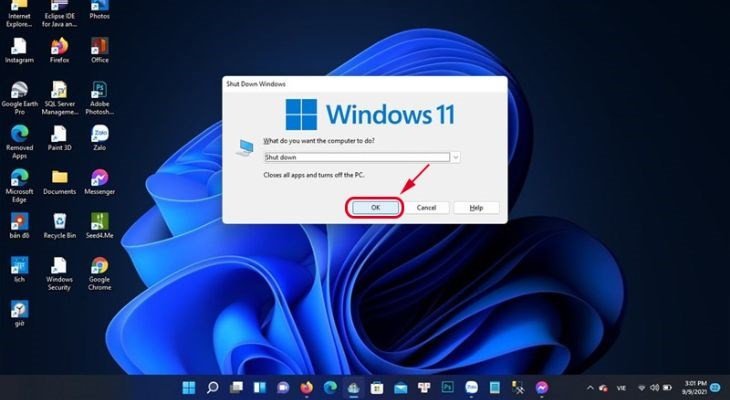 Xác nhận tắt laptop Windows 11 qua cửa sổ Shutdown bằng phím tắt.