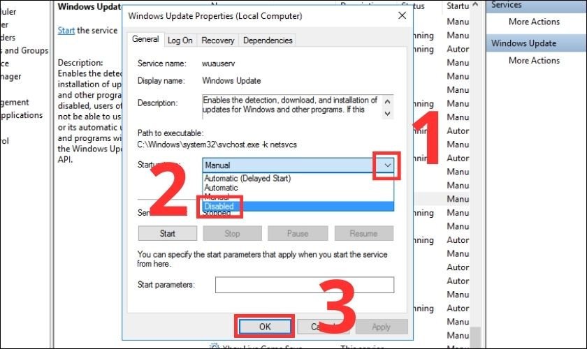 Xác nhận tắt Windows Update để sửa màn hình Asus