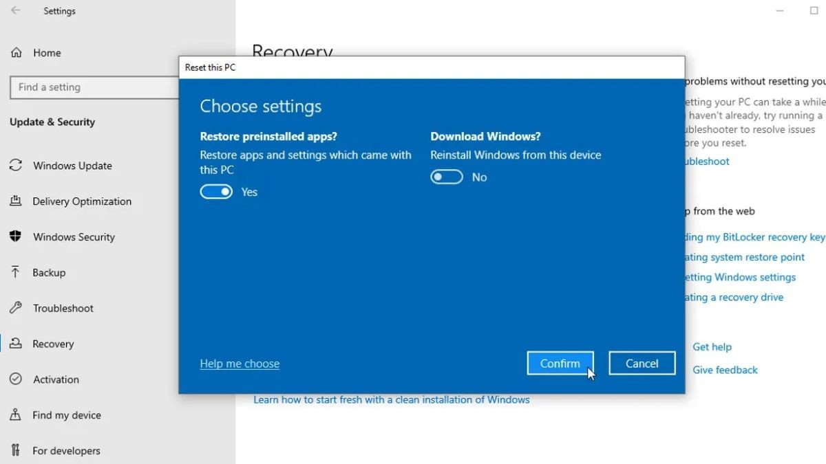 Xác nhận và bắt đầu quá trình reset laptop Dell trên Windows 10