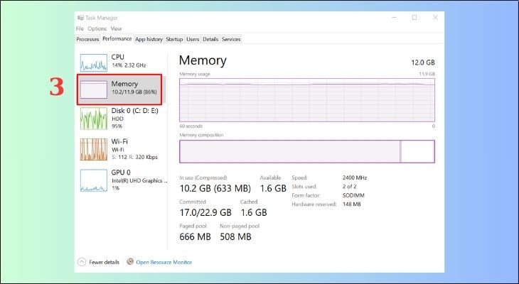 Xem dung lượng và tốc độ RAM hiện tại của laptop qua Task Manager