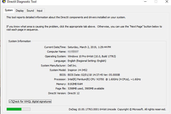 Xem thông số CPU, RAM, card đồ họa trong cửa sổ DirectX Diagnostic Tool