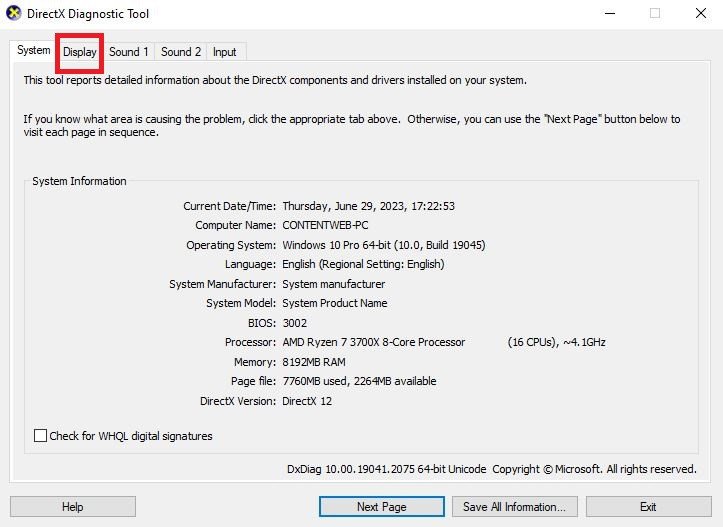 Xem thông tin card đồ họa trên tab Display của DirectX Diagnostic Tool