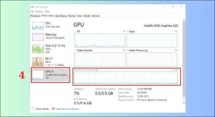 Xem thông tin card đồ họa và bộ nhớ GPU của laptop Win 10 trong Task Manager.
