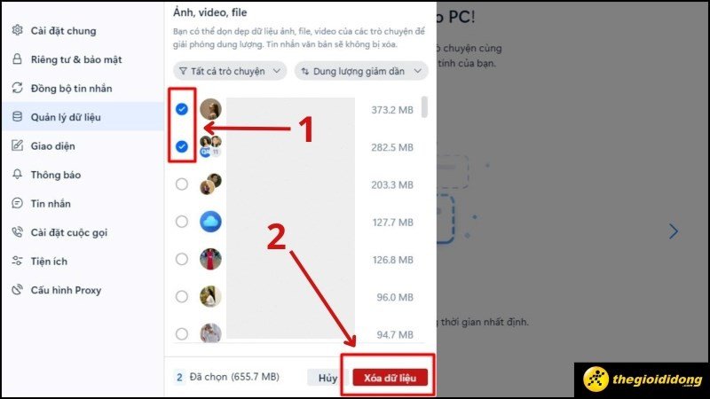 Xóa dữ liệu Zalo theo đối tượng trên laptop (bước 3, cách 1)