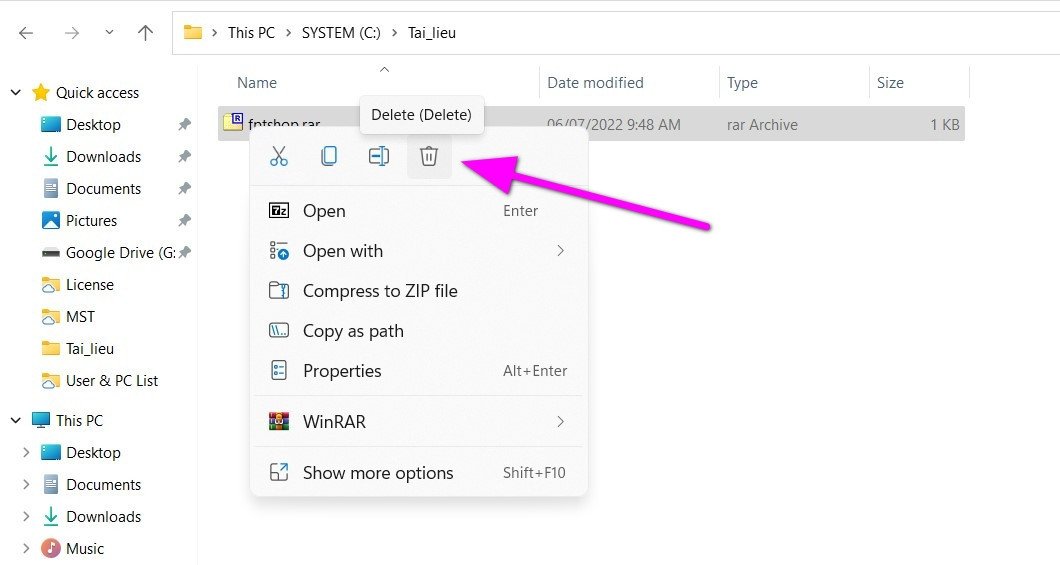 Xóa file nén sau khi WinRAR đã xử lý thư mục gốc trên laptop