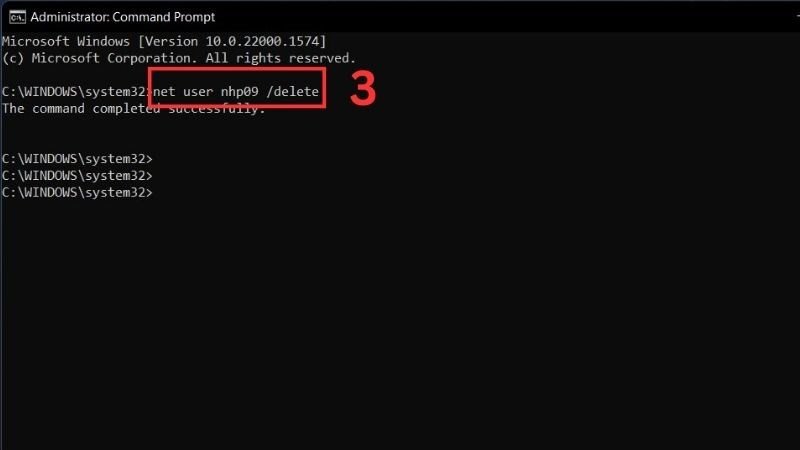 Xóa tài khoản Microsoft bằng Command Prompt với lệnh net user /delete