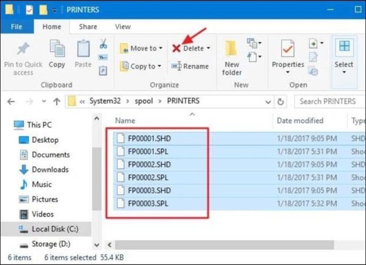 Xóa toàn bộ nội dung trong thư mục Spooler để hủy lệnh in