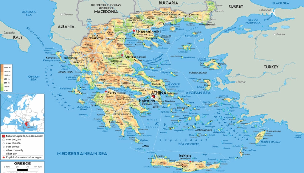 Greece Là Nước Nào? Khám Phá Vùng Đất Thần Thoại và Hiện Đại Bản đồ Hy Lạp cho thấy lãnh thổ đất liền và các đảo chính