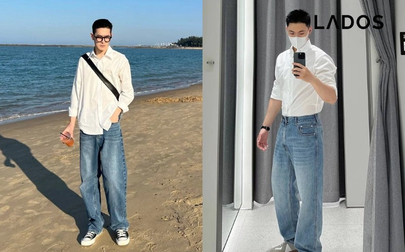 Áo Sơ Mi Quần Jean: Combo Kinh Điển Bất Hủ Cho Phong Cách 2026 Áo sơ mi trắng phối quần jean tạo vẻ ngoài thanh lịch