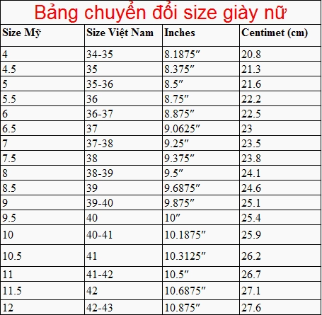 Bảng chuyển đổi size giày Mỹ sang Việt Nam
