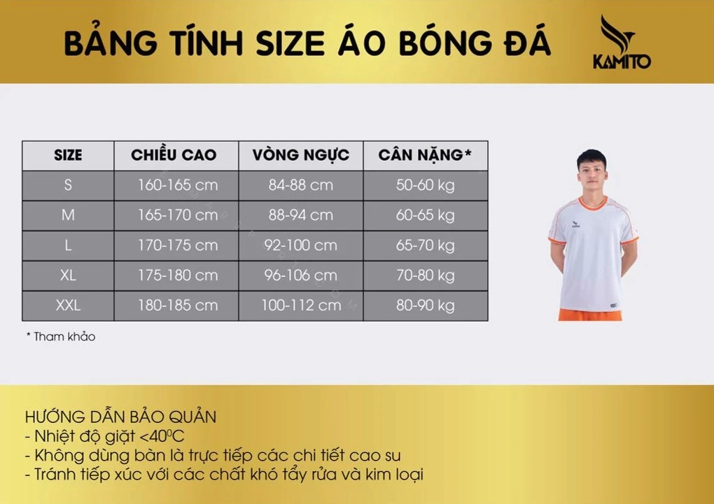 Bảng size áo bóng đá Kamito chi tiết