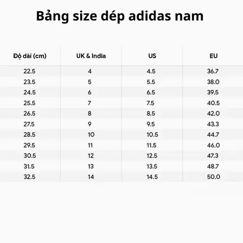 Bảng size dép Adidas nữ