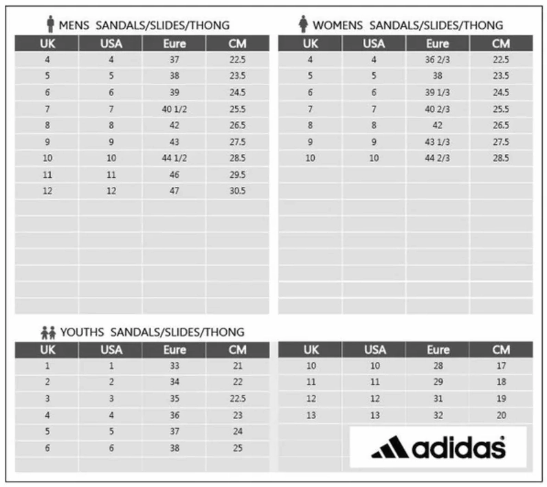 Bảng size dép Adidas theo cm