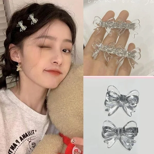 Kẹp tóc nơ lụa màu hồng pastel đính ngọc trai