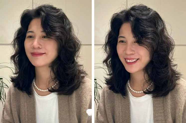 Kiểu tóc uốn xoăn nhỏ bồng bềnh cho người mặt dài
