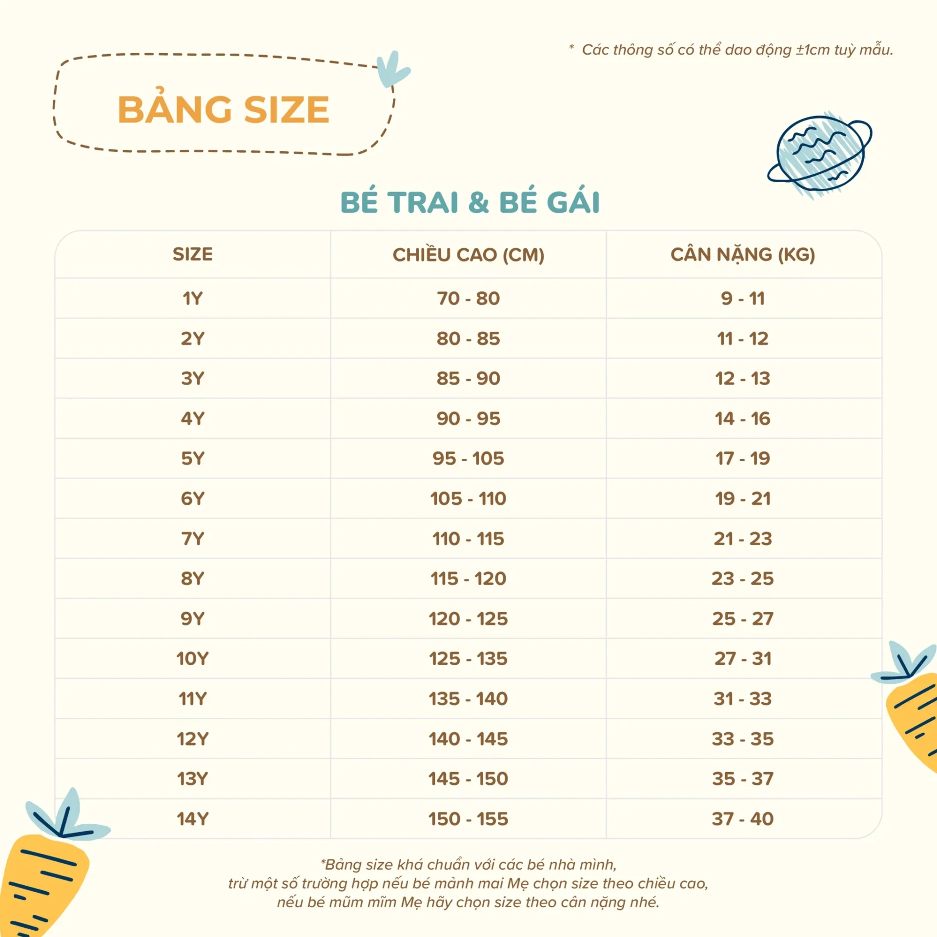 Lời khuyên khi chọn bảng size trẻ em