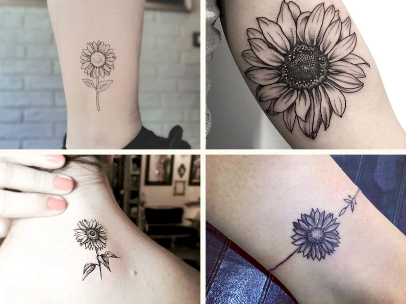 Mẫu hình xăm hoa hướng dương nhỏ cho nữ đen trắng