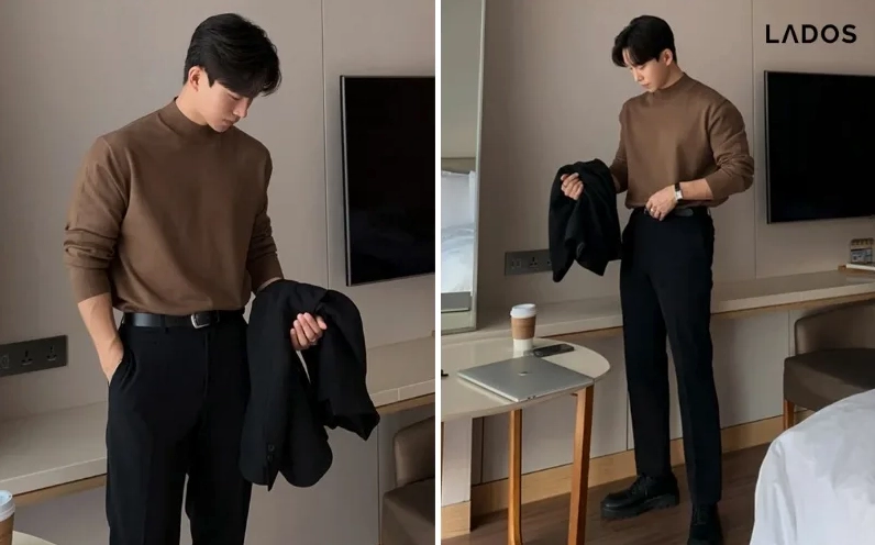 Outfit Đi Đám Cưới Nam 2026: Chuẩn Lịch Lãm & Phong Cách Nam giới phối quần tây với áo thun cổ lọ thanh lịch